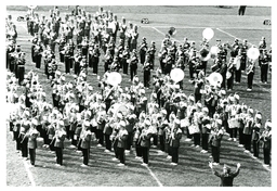 Marching Bands Playing in Place on Football Field (Part of the NMU Historic Photographs Collection)