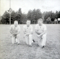 Football Managers--Tom Reiner, Charles Blonsfield, Jim Fyfe 1959: Tom Reiner, Charles Blonsfield, and Jim Fyfe Posed Kneeling