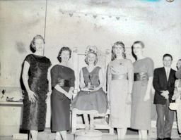 All Events Weekend 1959: Five Women Posed, Winner Sitting on Throne with Crown and Trophy