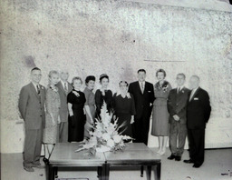 West Hall Dedication Fall 1960: Five Men, Six Women Standing Posed (Different Lighting)