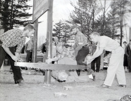 Beta Bunyan Ball: Three Men, Two Using Crosscut Saw to Cut Log with One Holding Log