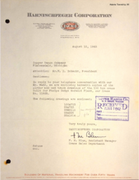 Letters to William H. Schacht (Copper Range Company) from F.M. Blum (Harnischfeger Corporation)